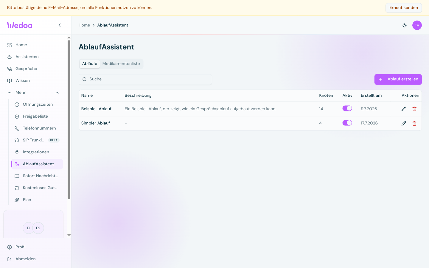 Wedoa Backend: Flowgraph-Editor mit dem Gesprächsablauf für Standardfragen und Eskalationen