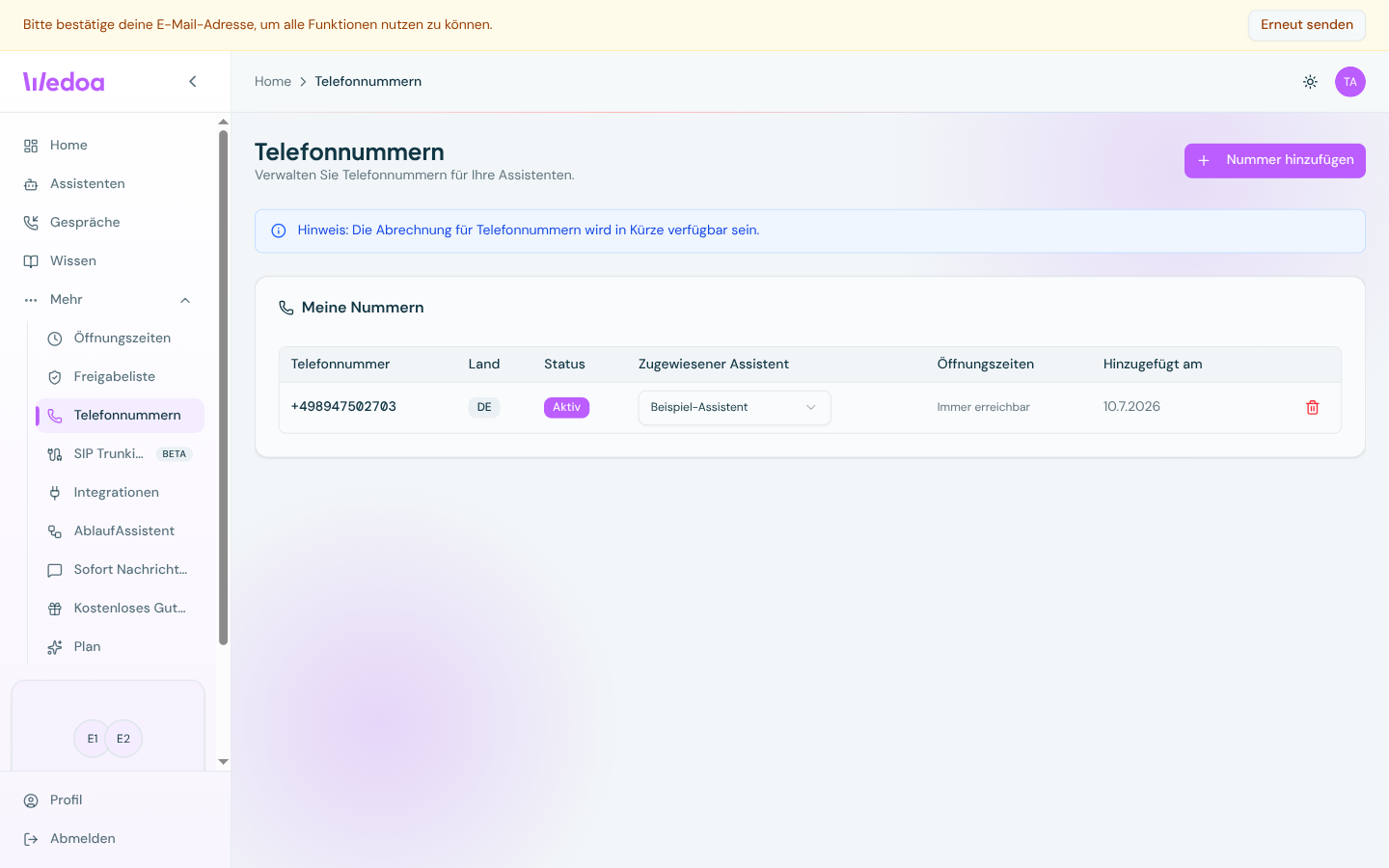 Wedoa Backend: Rufnummernverwaltung mit den hinterlegten Zielen für dringende Weiterleitungen