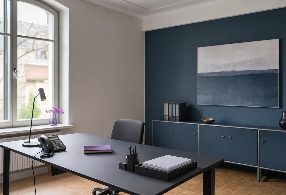 Ruhiger Schreibtisch mit Telefon in einem leeren Büro